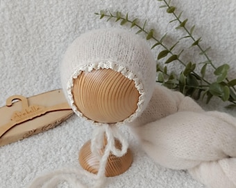 Baby Alpaca Hat and Newborn Wrap Set – Knitted Baby Hat, Knit Wrap, Newborn Photo Prop for Photography Props & Newborn Posing
