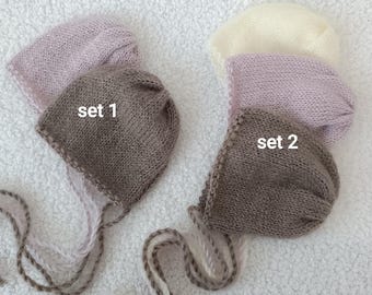 Studio Prop Bonnet Set, Timeless Collection, Set of 3 ор 2 Handmade Newborn Knit Hats, Ready to Ship, Photography Props