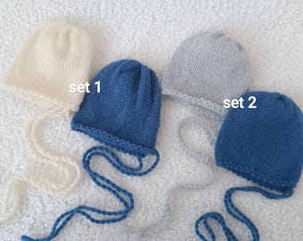 Handmade Newborn Bonnet Set, Essential Collection, Set of 3 Handmade Baby Bonnets, Newborn Photography Props, Ready to Ship
