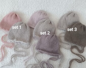 Studio Prop Bonnet Set, Classic Collection, Set of 3 Handmade Newborn Knit Bonnets, Studio Props, Ready to Ship