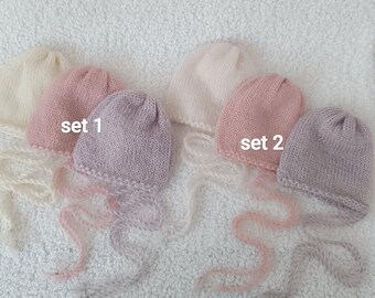 Newborn Bonnet Set, Neutral Collection Set of 3 Handmade Newborn Bonnets,  Ready to Ship Newborn Photography Props