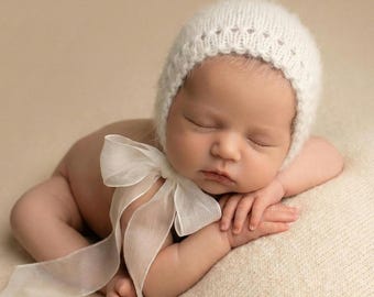 Baby Bonnet of Angora with Silk ties for Photo props, Newborn Baby Photography Props, Baby bonnet angora for Photo Props