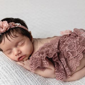 Baby Girl Lace Romper for Photography Props, Newborn Photo Outfit, Vintage Mauve Baby Bodysuit, Infant Lace Onesie, Baby Shower Gift