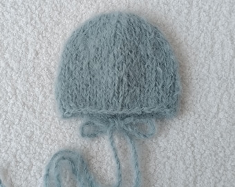 Classic Newborn Bonnet, Alpaca Wool Baby Photo Prop, Soft Knit Newborn Photography Hat, Neutral Baby Outfit