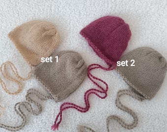 Newborn Photography Bonnet Set, Soft Collection, Set of 3 Handmade Knit Newborn Bonnets, Ready to Ship, Baby Photography Props