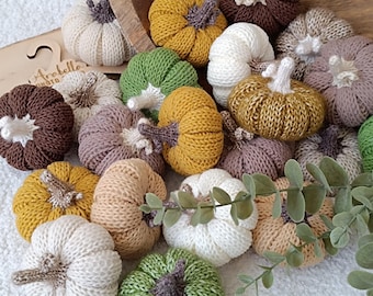 Calabazas pequeñas tejidas a mano para decorar el otoño: mostaza, marrón, beige y verde. Regalo rústico para el hogar.