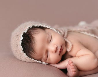 Newborn Alpaca Bonnet, Lace Edge Baby Hat, Newborn Photography Prop, Handmade Photo Prop, RTS Newborn Bonnet