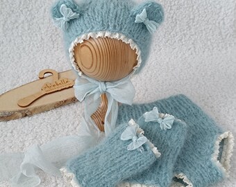Vestito da orsetto di peluche: orecchie da cappello, scaldamuscoli e blommers lavorati a maglia, lungo mantello in alpaca lavorato a maglia, accessori per la fotografia di neonati