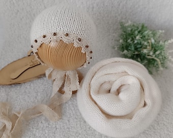Newborn Wrap and Bonnet Set, Long Knit Layer, Newborn Photo Prop, Baby Photography Prop, Rustic Newborn Outfit