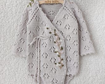 Newborn Knit Romper Photo Prop, Merino Wool Baby Romper, Lace Newborn Outfit, Floral Embroidered Prop, Newborn Photography Prop,