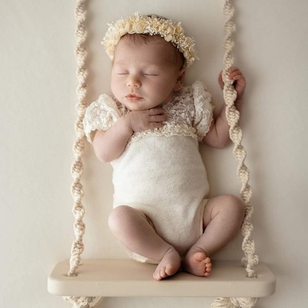 Cream Color Headband with Natural Plants and Leaves, Flower Crown for Baby Photography, Hydrangea Color Stabilized, Halo Baby Headband