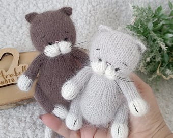 Stuffed Plush Kitten for Photography Props, Cat Outfit for Newborn Photography, Mini Toys decor Birthday Party, Knitted Cat T