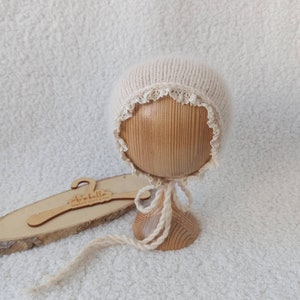 Newborn Angora Bonnet: Beige Lace Edge Knit Photo Prop