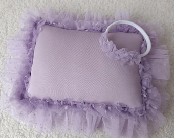 Handmade Newborn Photography Prop Set with Lace Ruffles, Baby Girl Studio Photoshoot Cushion, Soft Newborn Posing Pillow with Headband