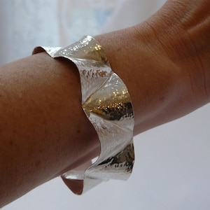 hallmarked silver hammered bangle, wrought anticlastic cuff, hand forged bangle, heavy wide cuff bracelets, statement gift for her, women