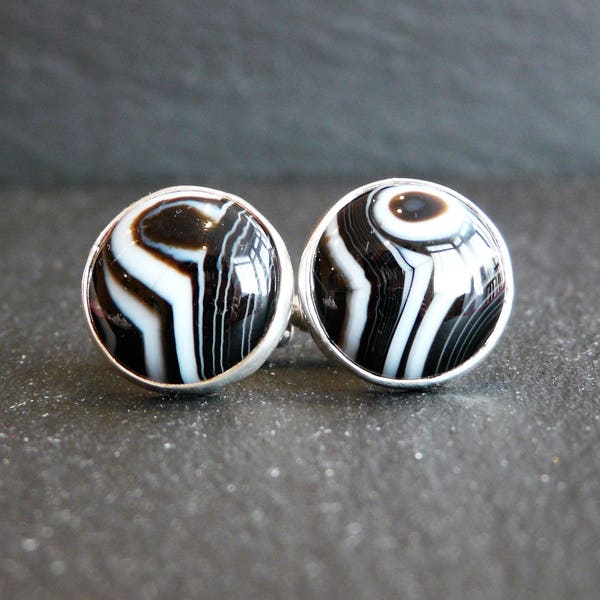 Black and white agate cufflinks in hallmarked silver, evil eye cuff links for men women, striped gem stone jewelry, wedding anniversary