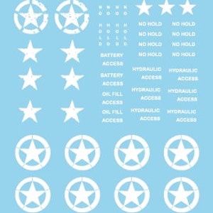 May include: A sheet of white vinyl decals with a distressed star design. The decals feature the words "NO HOLD", "BATTERY ACCESS", "HYDRAULIC ACCESS", and "OIL FILL ACCESS".