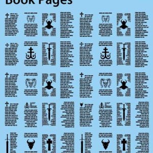 Op de afbeelding: Lichtblauwe achtergrond met de tekst "Book Pages" bovenaan. De afbeelding is een raster van pagina's met zwarte illustraties van kruisen, zwaarden en gehoornde schedels. Elke pagina bevat zwarte tekst.