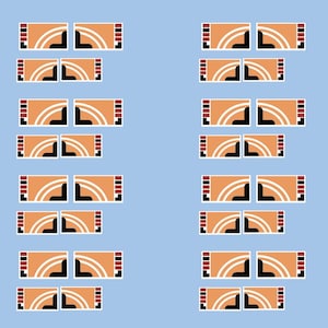May include: Geometric pattern on a light blue background. The pattern consists of pairs of rectangular shapes in orange, black, white, and red. Each rectangle has a curved white line and a black L-shape.