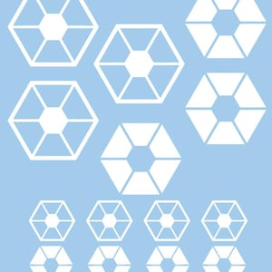 May include: A set of 11 white geometric decals in the shape of a hexagon with a smaller hexagon in the centre. The decals are on a light blue background.