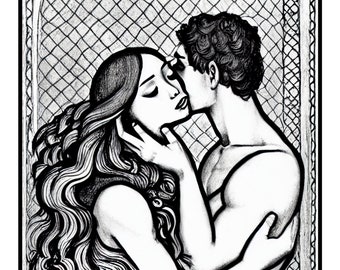 Kiss - Kissing Couple Printable Artistic Coloring Page For Adult Instant Download Grayscale For Lover Girlfriend Wife