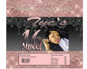 Envoltorios de barra de caramelo personalizados- Envoltorios de barra de caramelo- Etiquetas de barra de caramelo- Brillo, Sparkle Sweet 16