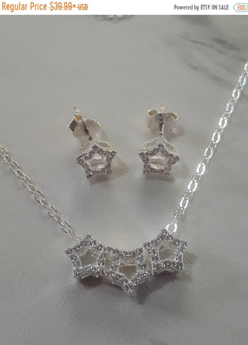 Matching Necklace and Earring Jewelry Set Genuine Sterling Silver Star Necklace Cubic Zirconia Star Charms and Earrings