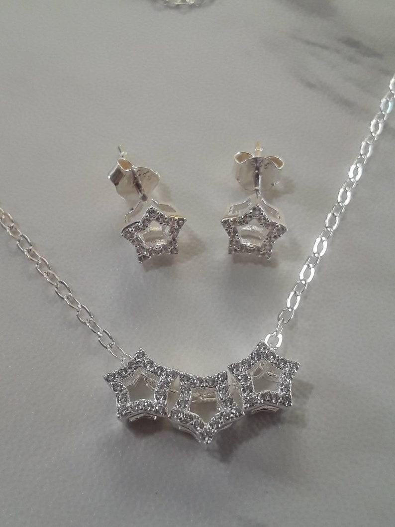 Matching Necklace and Earring Jewelry Set Genuine Sterling Silver Star Necklace Cubic Zirconia Star Charms and Earrings