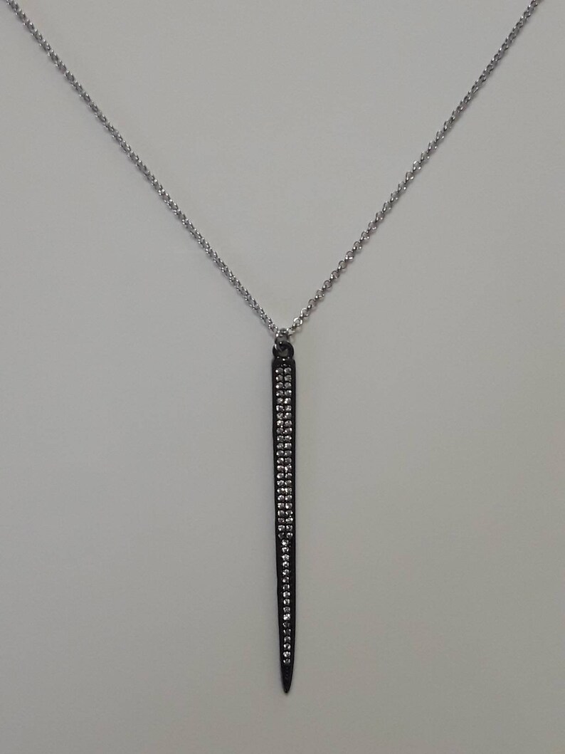 Womens Rhodium Rolo Chain and Charm Rhodium Plated Necklace RHODIUM NECKLACE and Long Spike Pendant Micro Pave Spike