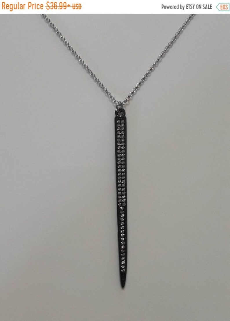 Womens Rhodium Rolo Chain and Charm Rhodium Plated Necklace RHODIUM NECKLACE and Long Spike Pendant Micro Pave Spike