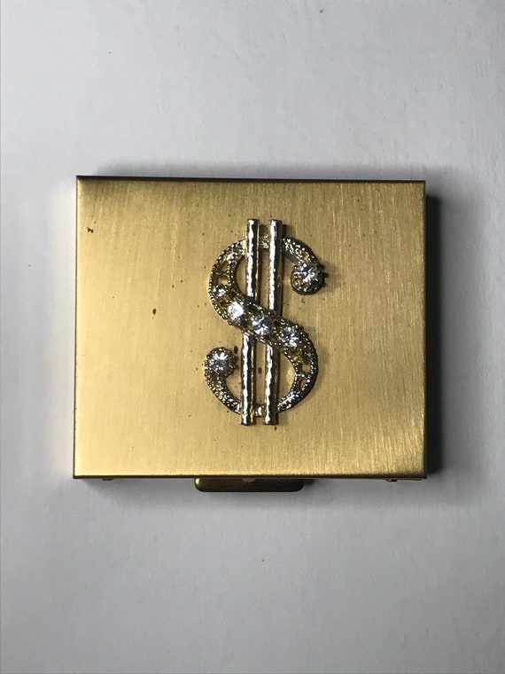 Vintage dollar sign gold metal compact/box/contain