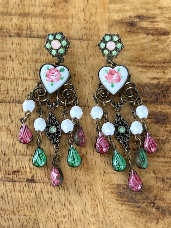 Romantic enamel floral/heart dangling earrings