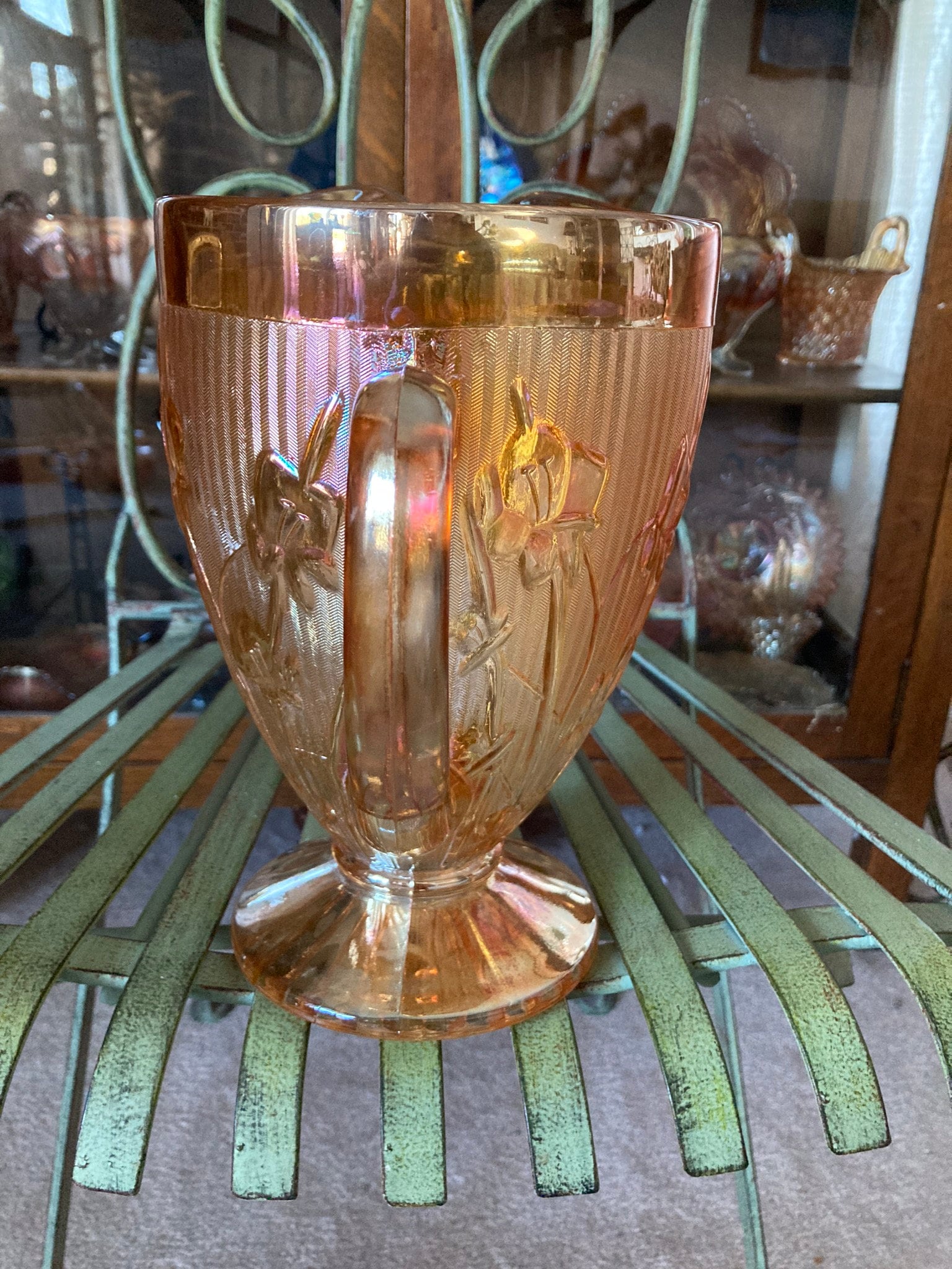 Depression Glass Iris and Herringbone Pitcher. Iridescent. 9