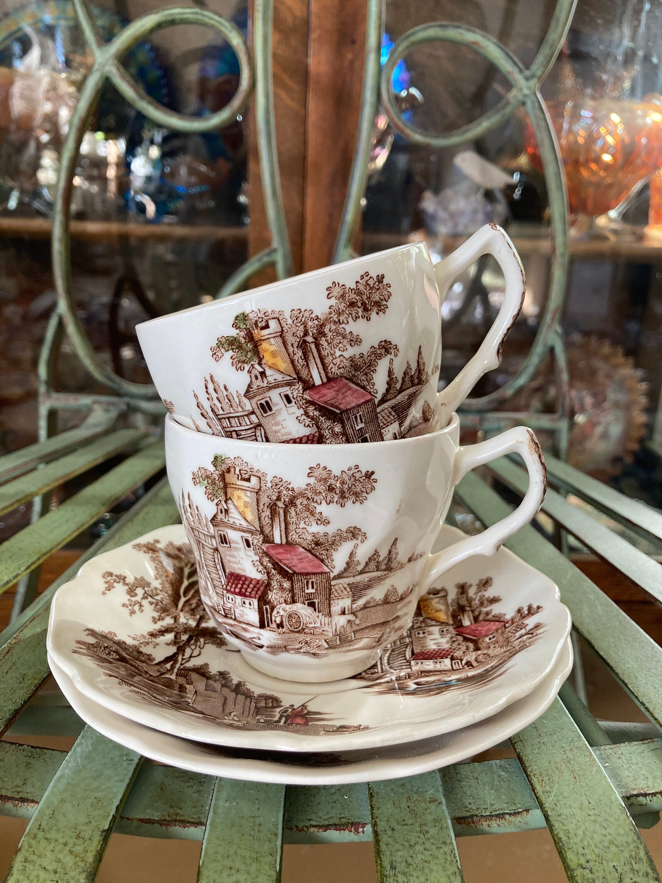 Johnson Brothers the Old Mill Brown Cups and Saucers. Set of 2