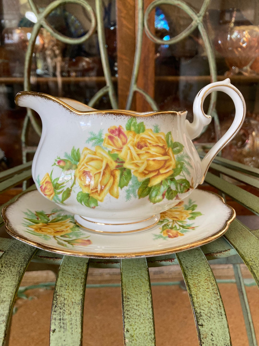 Royal Albert Tea Rose Gravy Boat and Under Plate. 7 Inches Wide