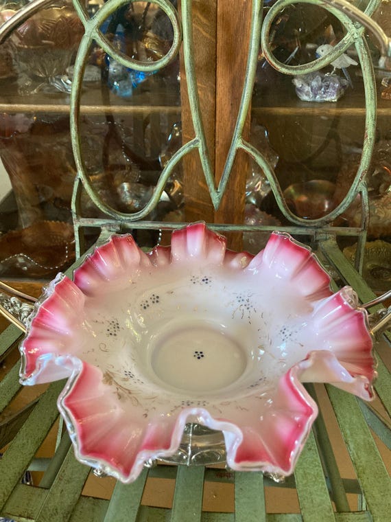 Antique Victorian Brides Basket. Silver Plated. Milk Glass With