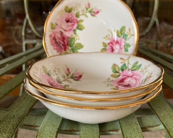 Royal Albert American Beauty Fruit Nappies. Se of 4. 5.25 inches diameter. Produced in England 1927 to 1998.