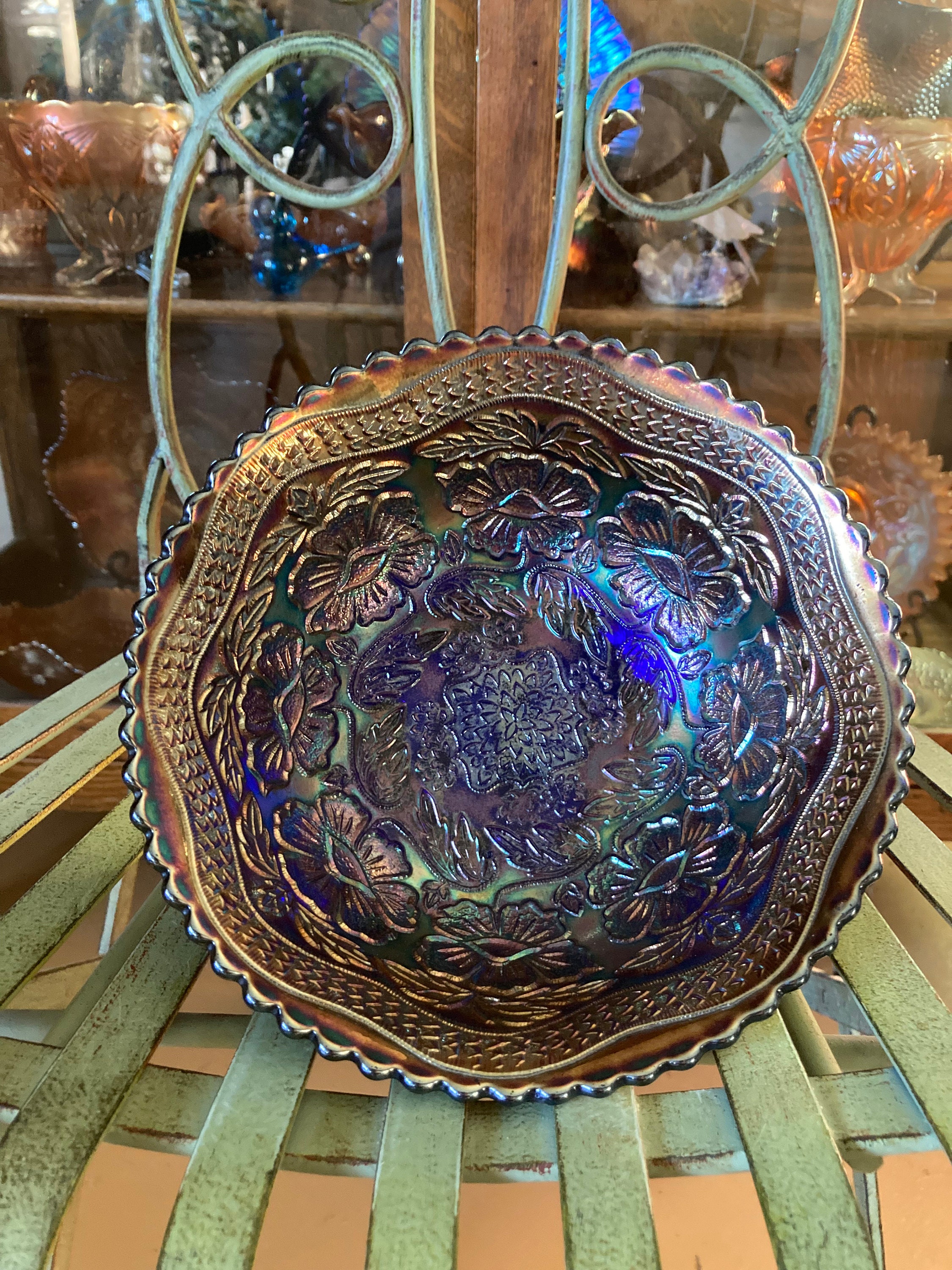 Carnival Glass Two Flowers Blue Round Bowl. Spatula Footed
