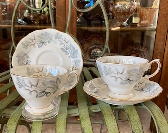 Royal Albert Silver Maple Teacups and Saucers. Set of 2. Saucers 5.5 inches diameter. Produced in England 1959 to 1984.