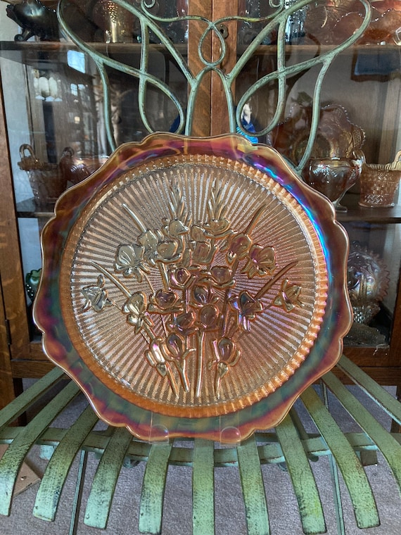 Depression Glass Iris and Herringbone Sandwich Plate. Iridescent.11.75 inches. . Produced  by Jeanette Glass Company. .
