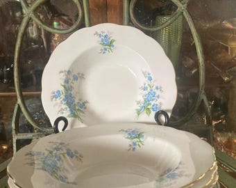 Royal Albert Forget-Me-Not Rimmed Soup Bowls. Set of 4. 8 inches diameter. Produced in England 1950’s 1960’s.