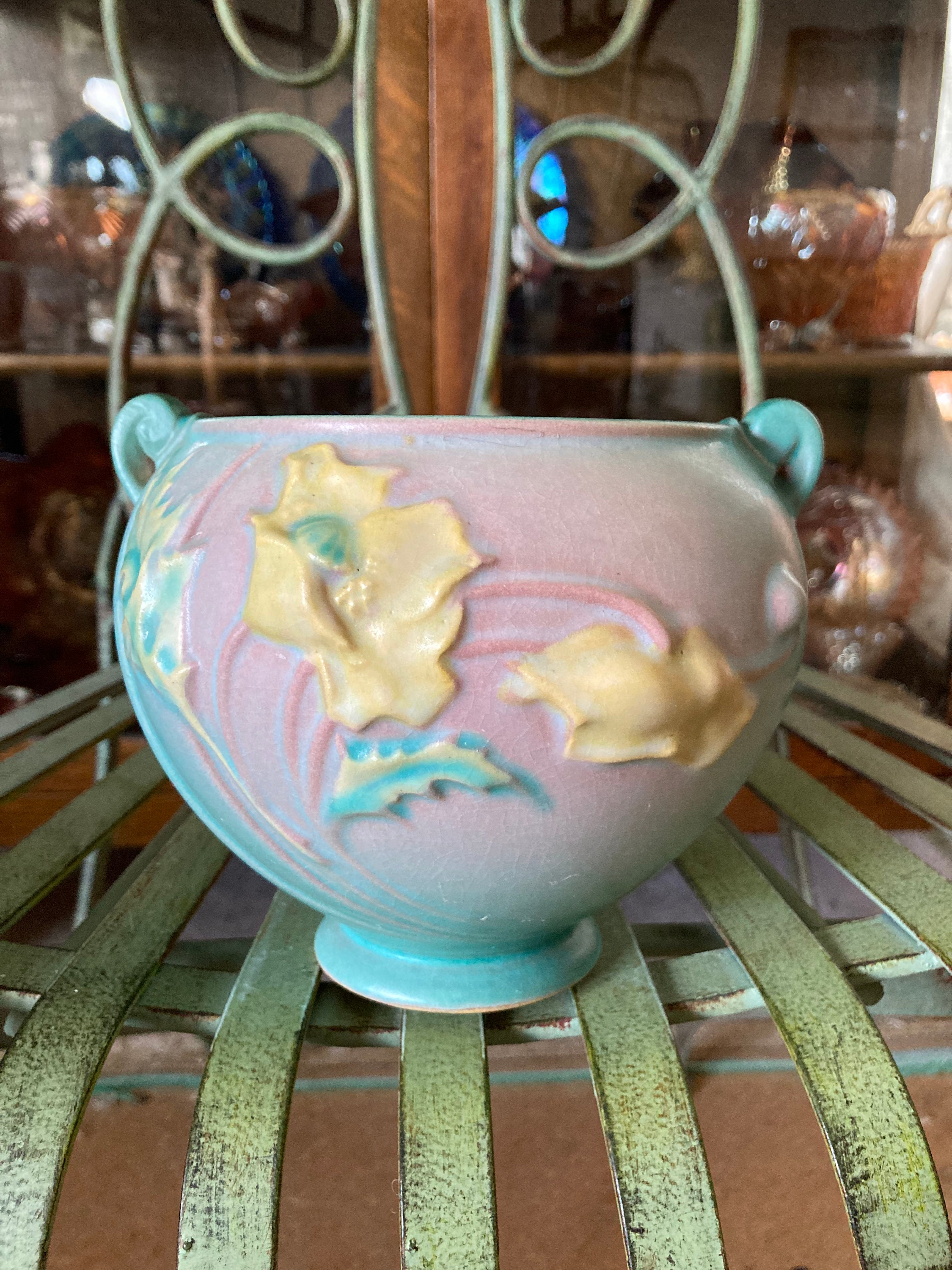 Roseville Pottery Poppy Jardiniere. Green 642-4. 5 Inches Tall