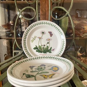 May include: A stack of white ceramic plates featuring botanical illustrations of flowers, butterflies, and dragonflies. Each plate has a green leaf-patterned border and includes the Latin plant names Bellis Perennis and Convolvulus Tricolor.