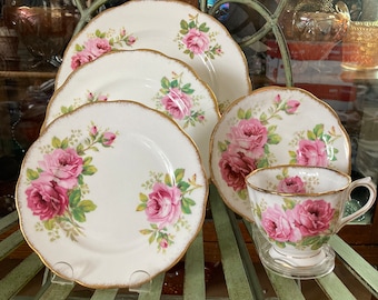 Royal Albert American Beauty 5 Pieces Place Setting. 3 plates, teacup and saucer. Produced in England  1941 to 1998.