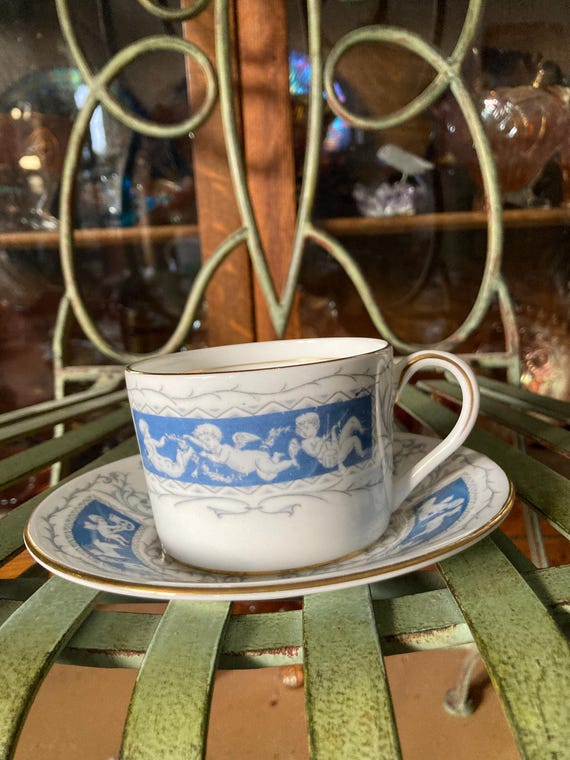 Coalport Revelry Blue Flat Cup and Saucer. Set of 4. Saucers 5.75