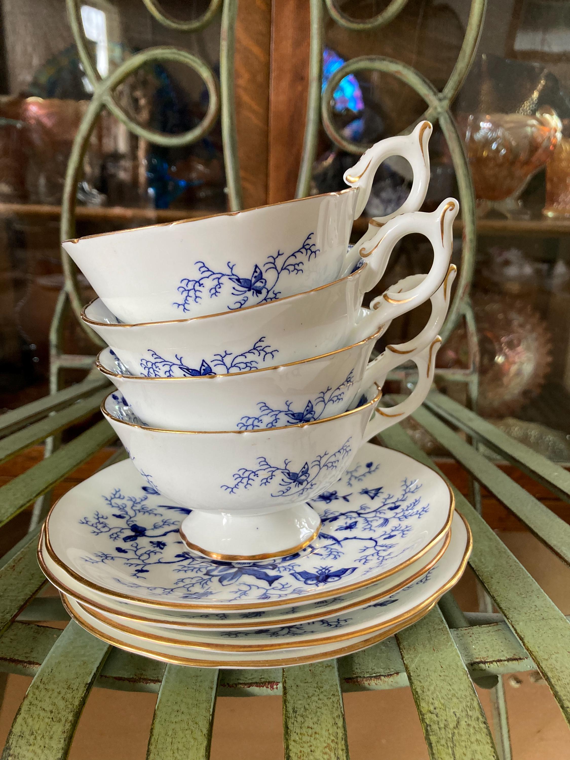 Coalport Cairo Blue 9252 Teacups and Saucers. Footed, Set of 2