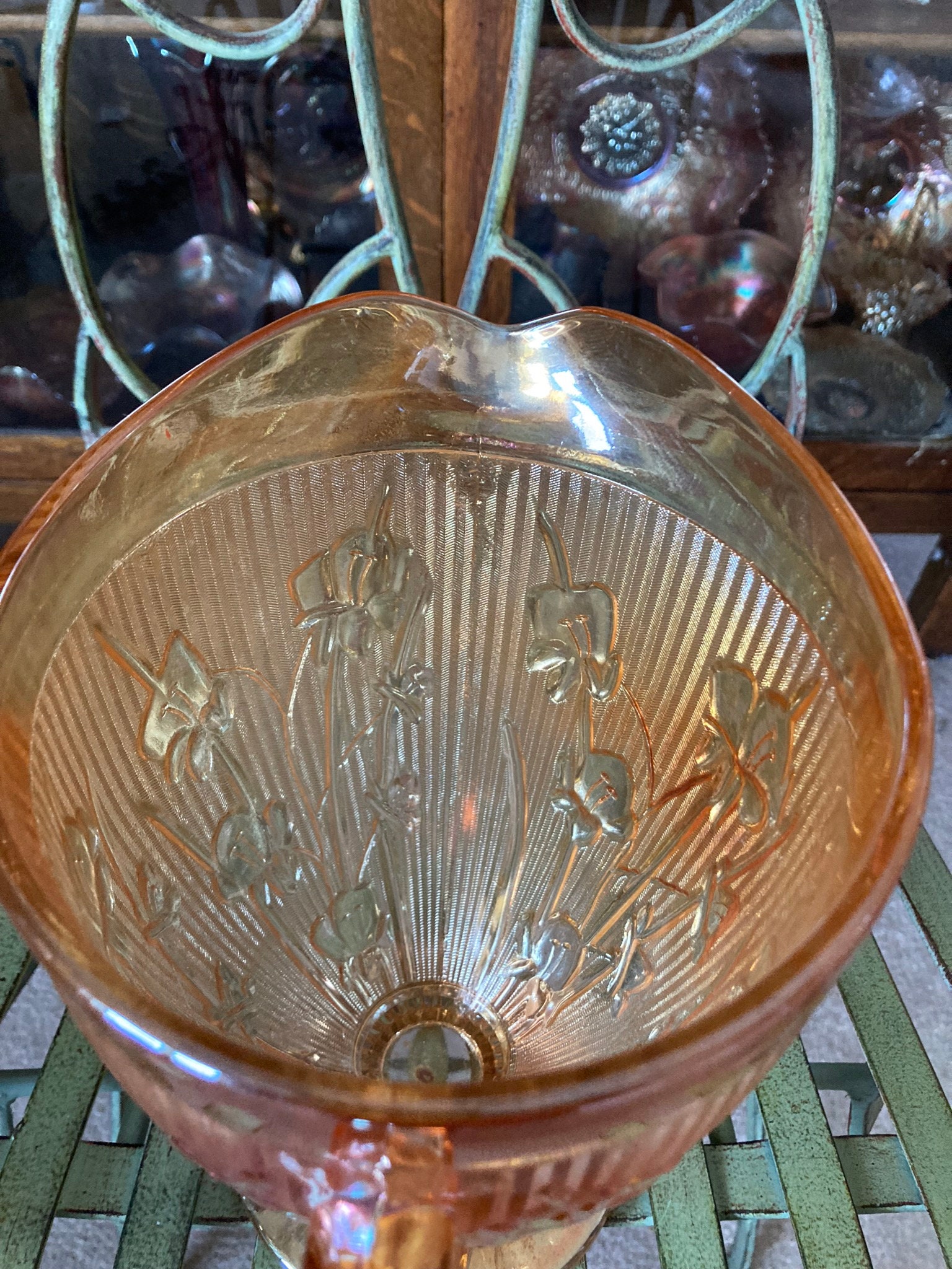 Depression Glass Iris and Herringbone Pitcher. Iridescent. 9