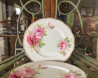 May include: A stack of white porcelain plates with a gold rim and a floral rose design in pink and green. The plates are stacked on a green metal stand, with a second plate displayed above. The background includes a glass cabinet.