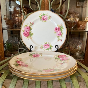 Royal Albert American Beauty Dinner Plates. Set of 4. 10.25 inches diameter. Produced in England 1927 to 1998.
