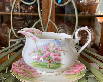 Royal Albert Blossom Time Gravy Boat and Under Plate. 6.5 inches wide. Produced in England 1930’s to 2001.